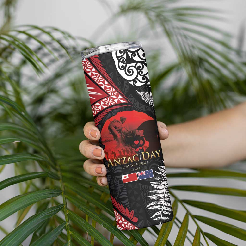 Tonga and New Zealand ANZAC Day Skinny Tumbler Gallipoli Lest We Forget-Ngatu Art Tribal and Maori Tattoo with Fern
