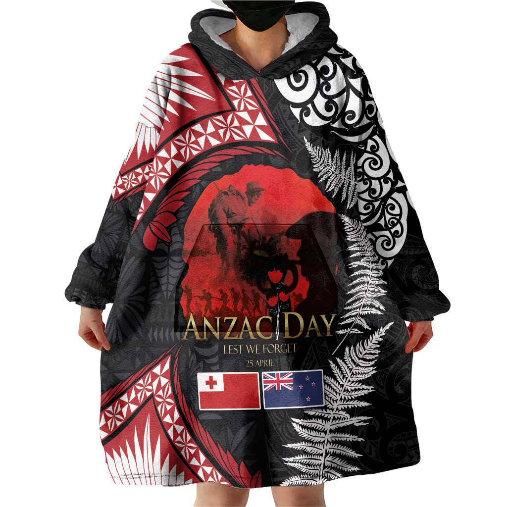 Tonga and New Zealand ANZAC Day Wearable Blanket Hoodie Gallipoli Lest We Forget Ngatu Art Tribal and Maori Tattoo with Fern LT03