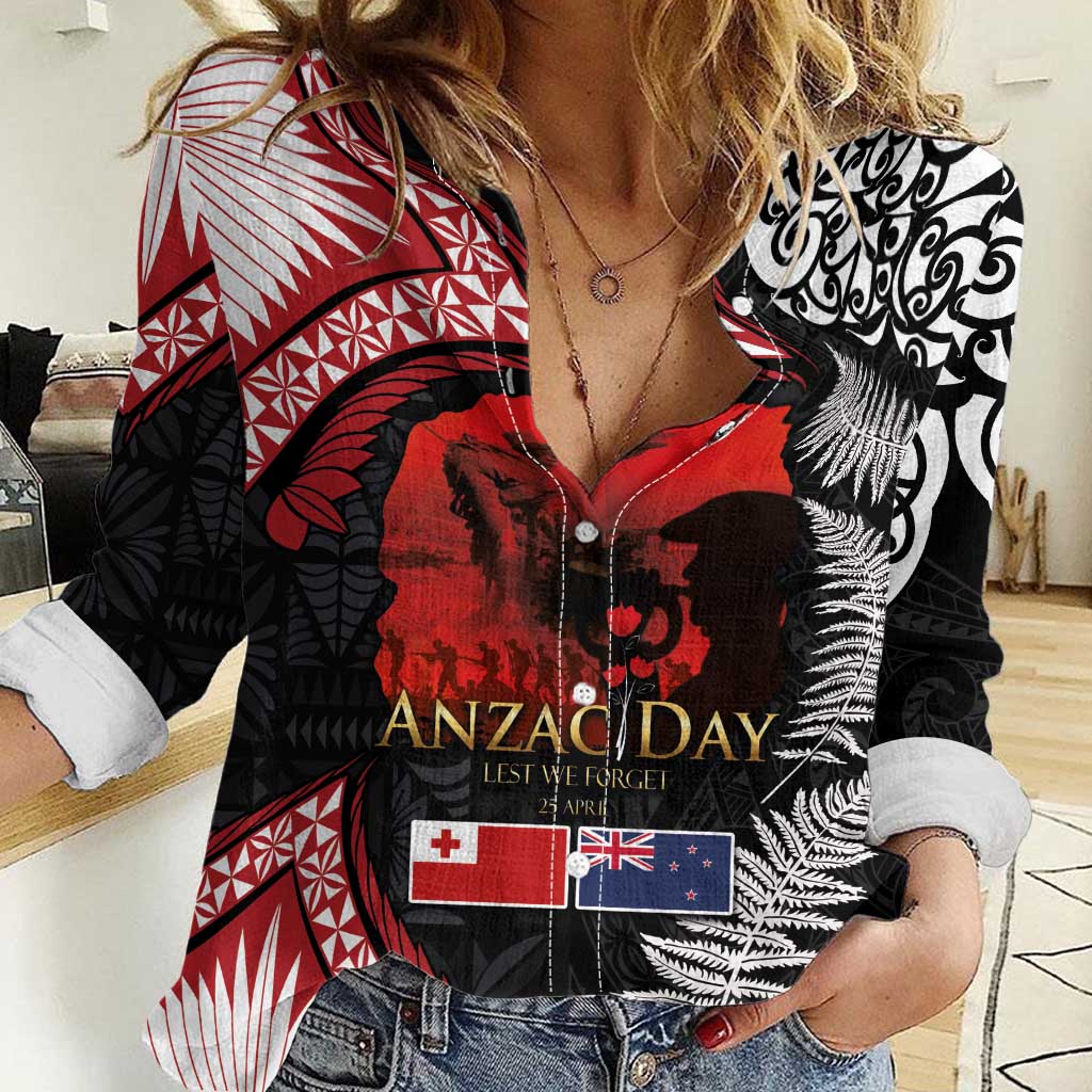 Tonga and New Zealand ANZAC Day Women Casual Shirt Gallipoli Lest We Forget Ngatu Art Tribal and Maori Tattoo with Fern LT03