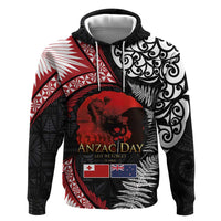 Tonga and New Zealand ANZAC Day Zip Hoodie Gallipoli Lest We Forget Ngatu Art Tribal and Maori Tattoo with Fern LT03