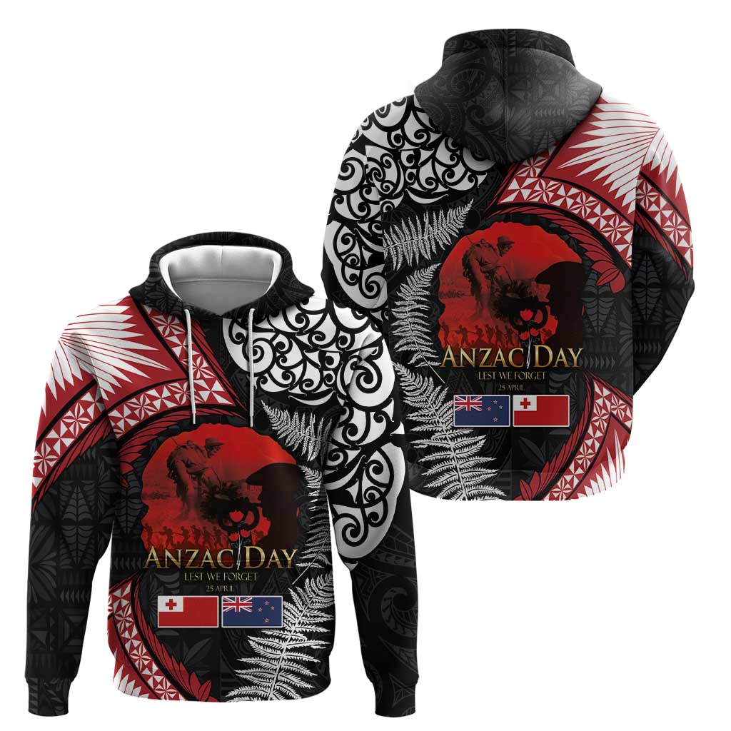 Tonga and New Zealand ANZAC Day Zip Hoodie Gallipoli Lest We Forget Ngatu Art Tribal and Maori Tattoo with Fern LT03