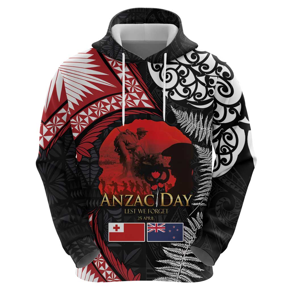 Tonga and New Zealand ANZAC Day Zip Hoodie Gallipoli Lest We Forget Ngatu Art Tribal and Maori Tattoo with Fern LT03