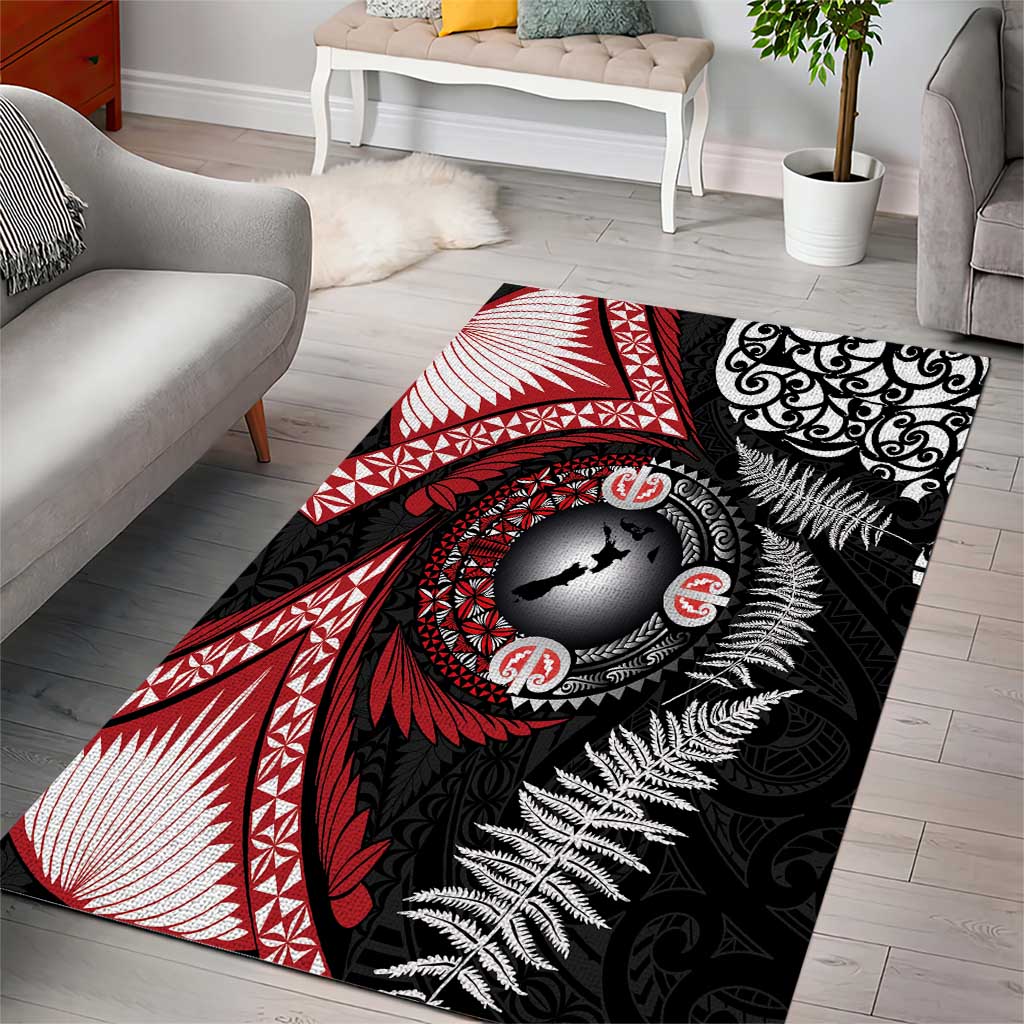 Tonga and New Zealand Together Area Rug Ngatu Art Tribal Maori Tattoo and Silver Fern