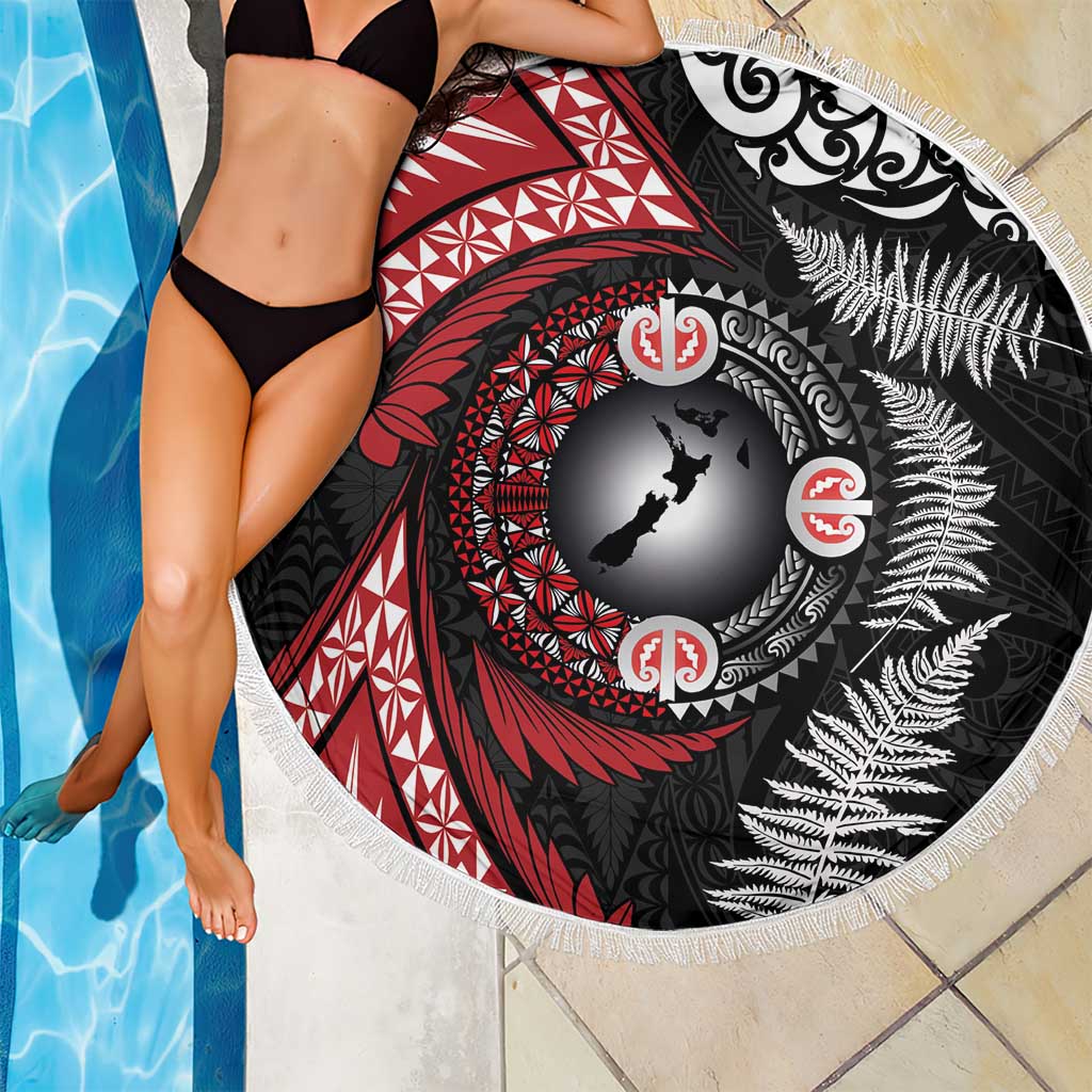 Tonga and New Zealand Together Beach Blanket Ngatu Art Tribal Maori Tattoo and Silver Fern