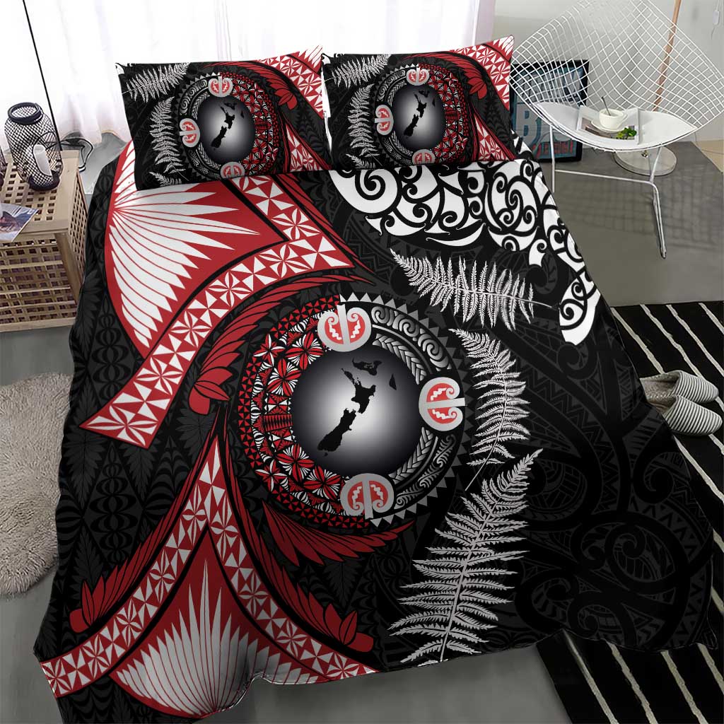 Tonga and New Zealand Together Bedding Set Ngatu Art Tribal Maori Tattoo and Silver Fern