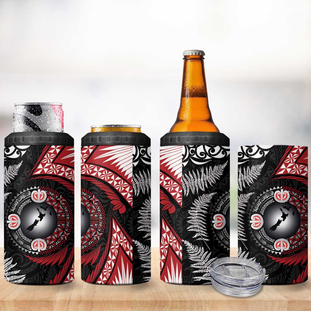 Tonga and New Zealand Together 4 in 1 Can Cooler Tumbler Ngatu Art Tribal-Maori Tattoo and Silver Fern