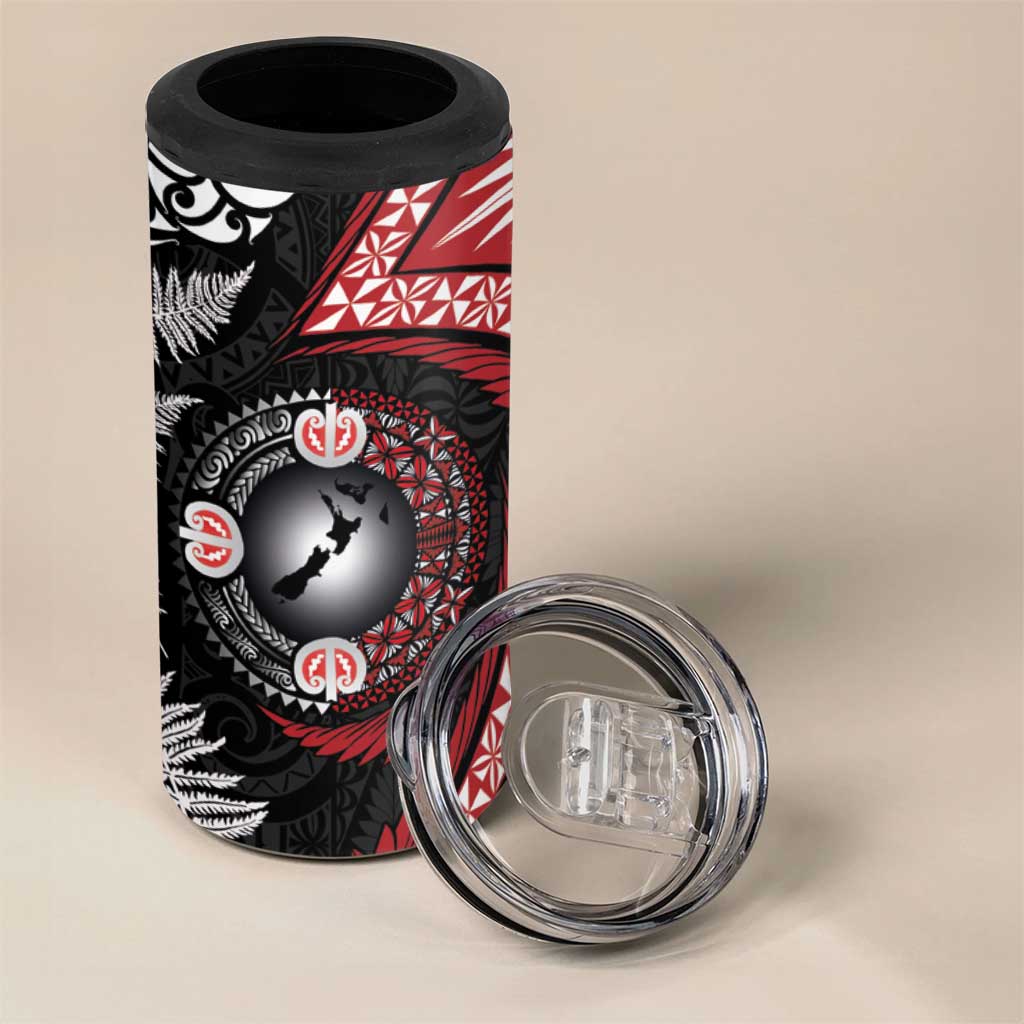 Tonga and New Zealand Together 4 in 1 Can Cooler Tumbler Ngatu Art Tribal-Maori Tattoo and Silver Fern