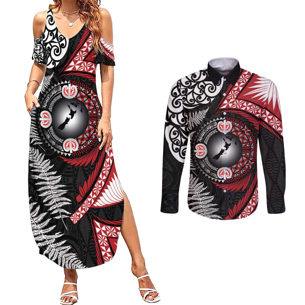 Tonga and New Zealand Together Couples Matching Summer Maxi Dress and Long Sleeve Button Shirt Ngatu Art Tribal Maori Tattoo and Silver Fern