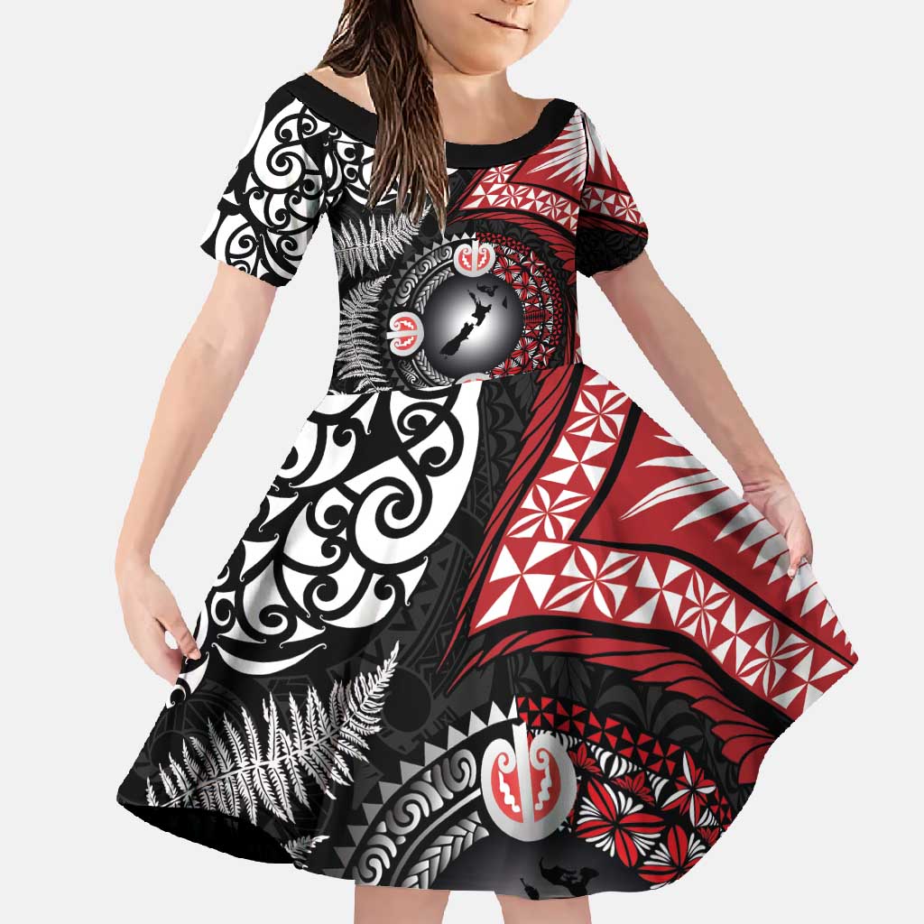 Tonga and New Zealand Together Family Matching Long Sleeve Bodycon Dress and Hawaiian Shirt Ngatu Art Tribal Maori Tattoo and Silver Fern
