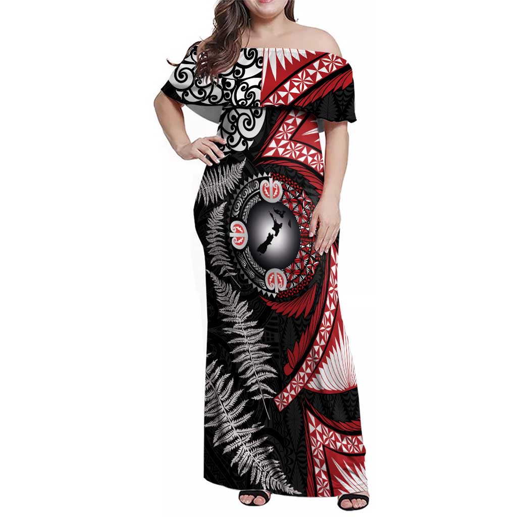 Tonga and New Zealand Together Family Matching Off Shoulder Maxi Dress and Hawaiian Shirt Ngatu Art Tribal Maori Tattoo and Silver Fern