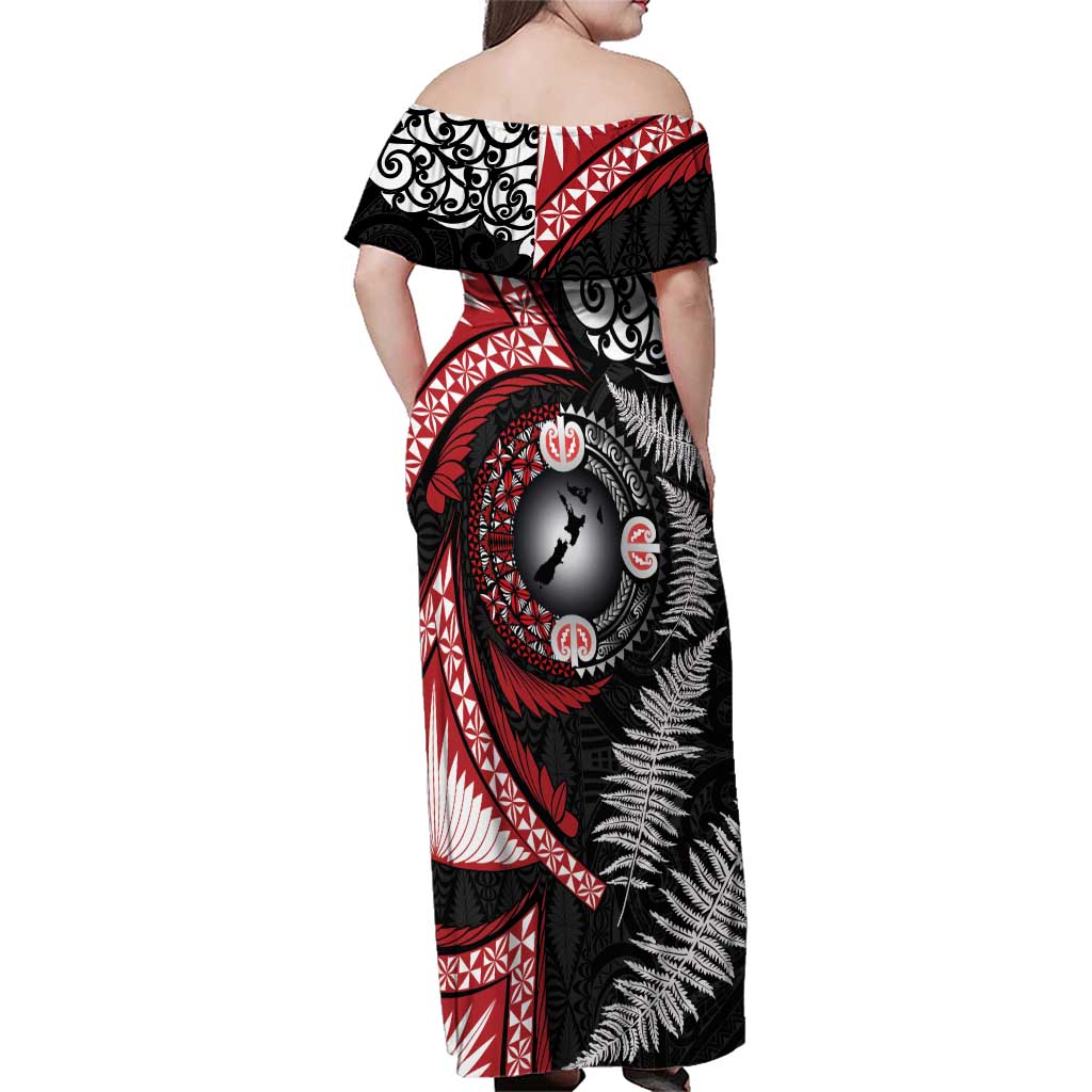 Tonga and New Zealand Together Family Matching Off Shoulder Maxi Dress and Hawaiian Shirt Ngatu Art Tribal Maori Tattoo and Silver Fern