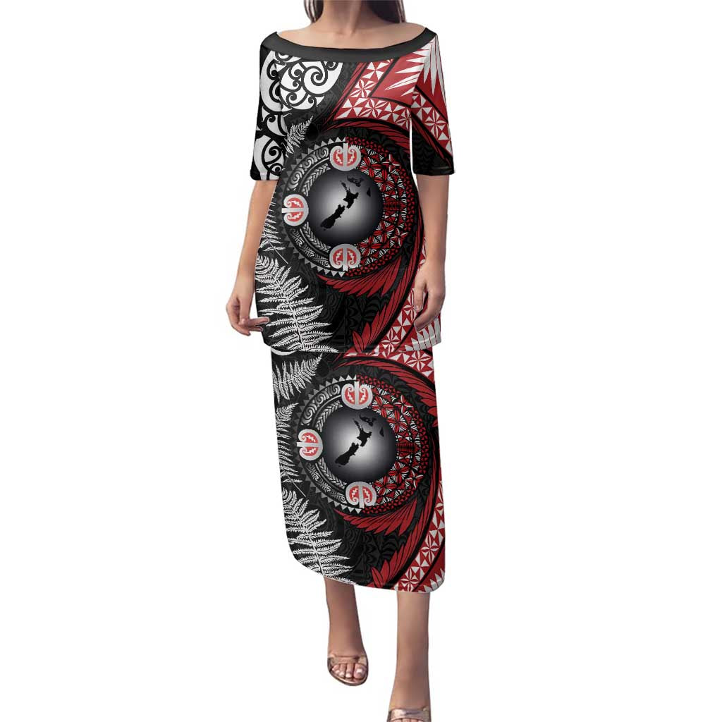 Tonga and New Zealand Together Family Matching Puletasi and Hawaiian Shirt Ngatu Art Tribal Maori Tattoo and Silver Fern