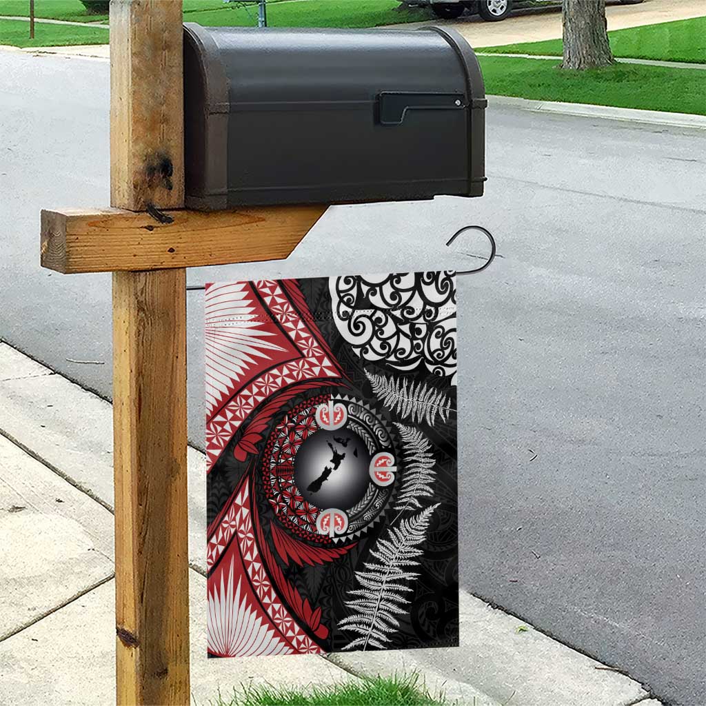 Tonga and New Zealand Together Garden Flag Ngatu Art Tribal Maori Tattoo and Silver Fern