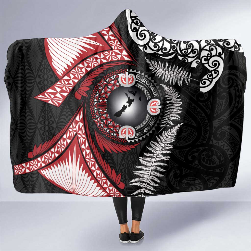 Tonga and New Zealand Together Hooded Blanket Ngatu Art Tribal Maori Tattoo and Silver Fern