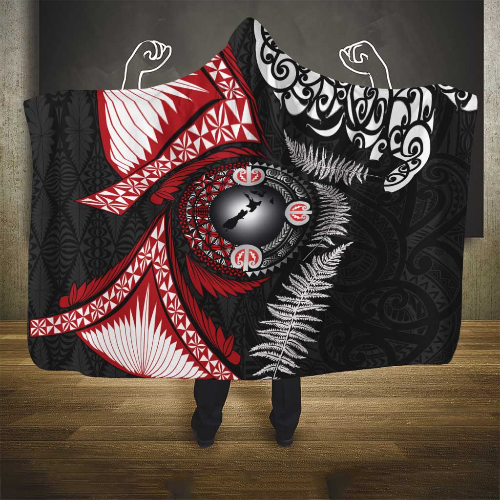 Tonga and New Zealand Together Hooded Blanket Ngatu Art Tribal Maori Tattoo and Silver Fern