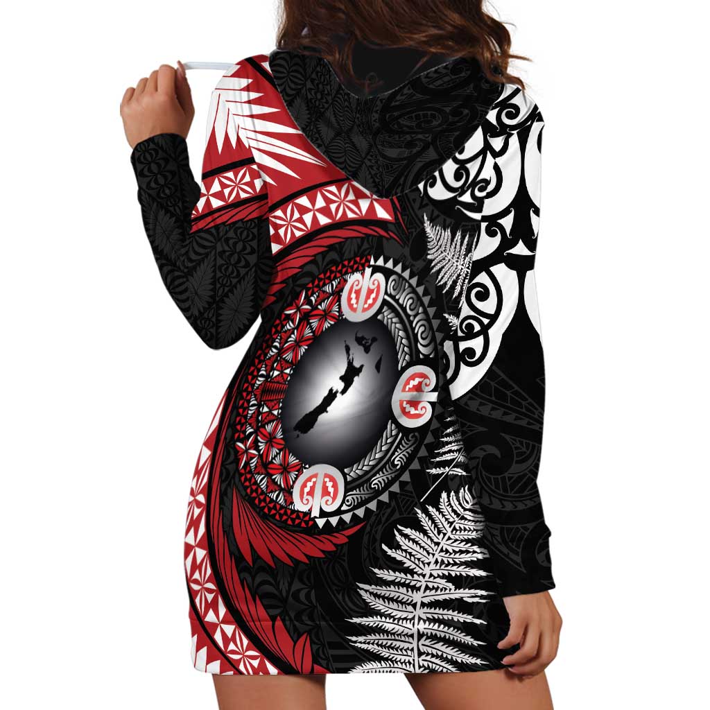 Tonga and New Zealand Together Hoodie Dress Ngatu Art Tribal Maori Tattoo and Silver Fern