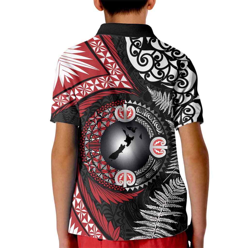 Tonga and New Zealand Together Kid Polo Shirt Ngatu Art Tribal Maori Tattoo and Silver Fern