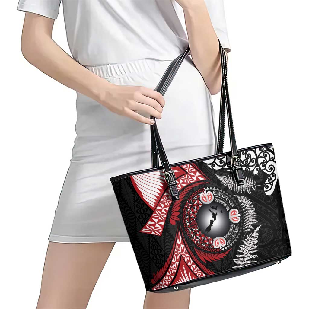 Tonga and New Zealand Together Leather Tote Bag Ngatu Art Tribal Maori Tattoo and Silver Fern