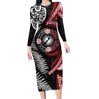 Tonga and New Zealand Together Long Sleeve Bodycon Dress Ngatu Art Tribal Maori Tattoo and Silver Fern