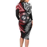 Tonga and New Zealand Together Long Sleeve Bodycon Dress Ngatu Art Tribal Maori Tattoo and Silver Fern