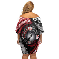 Tonga and New Zealand Together Off Shoulder Short Dress Ngatu Art Tribal Maori Tattoo and Silver Fern