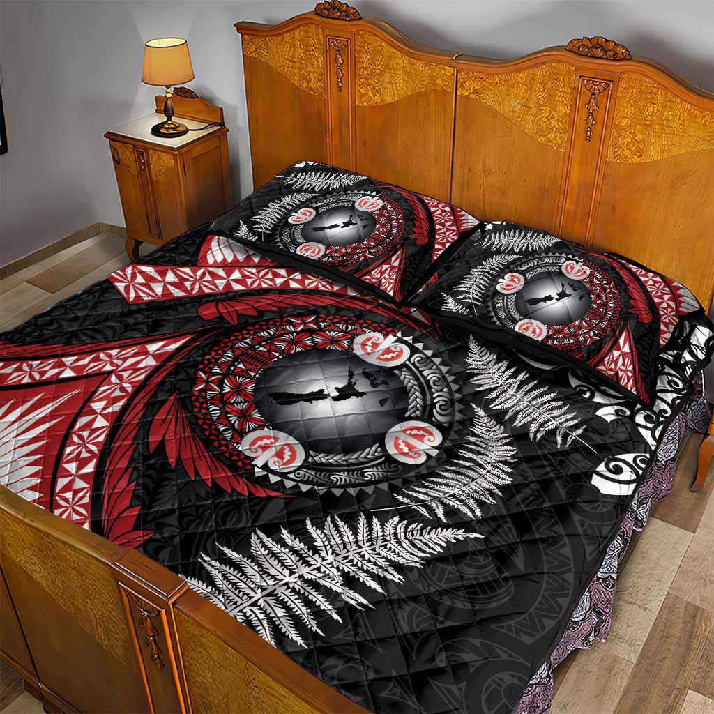 Tonga and New Zealand Together Quilt Bed Set Ngatu Art Tribal Maori Tattoo and Silver Fern