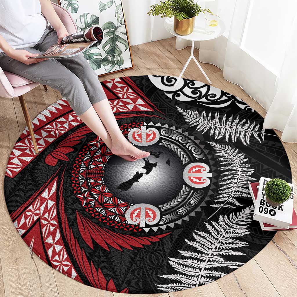 Tonga and New Zealand Together Round Carpet Ngatu Art Tribal Maori Tattoo and Silver Fern