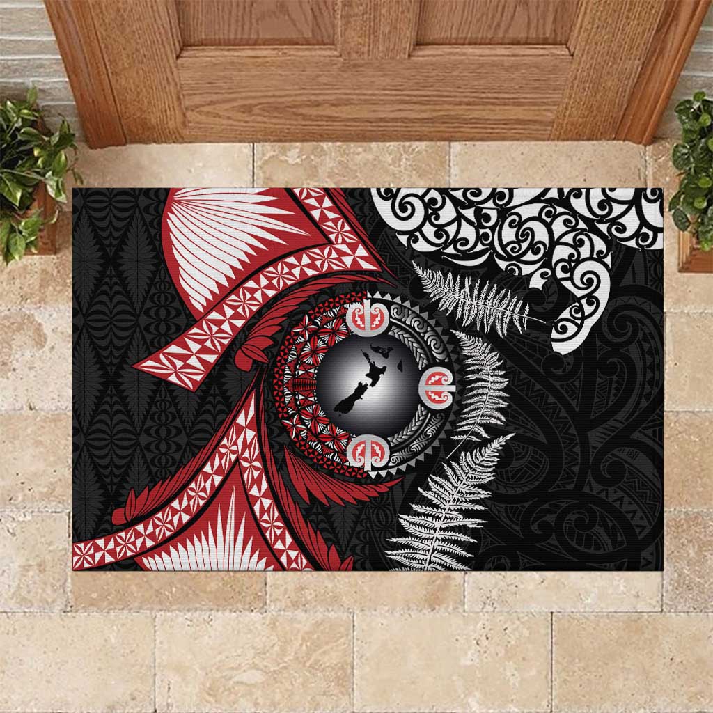 Tonga and New Zealand Together Rubber Doormat Ngatu Art Tribal Maori Tattoo and Silver Fern