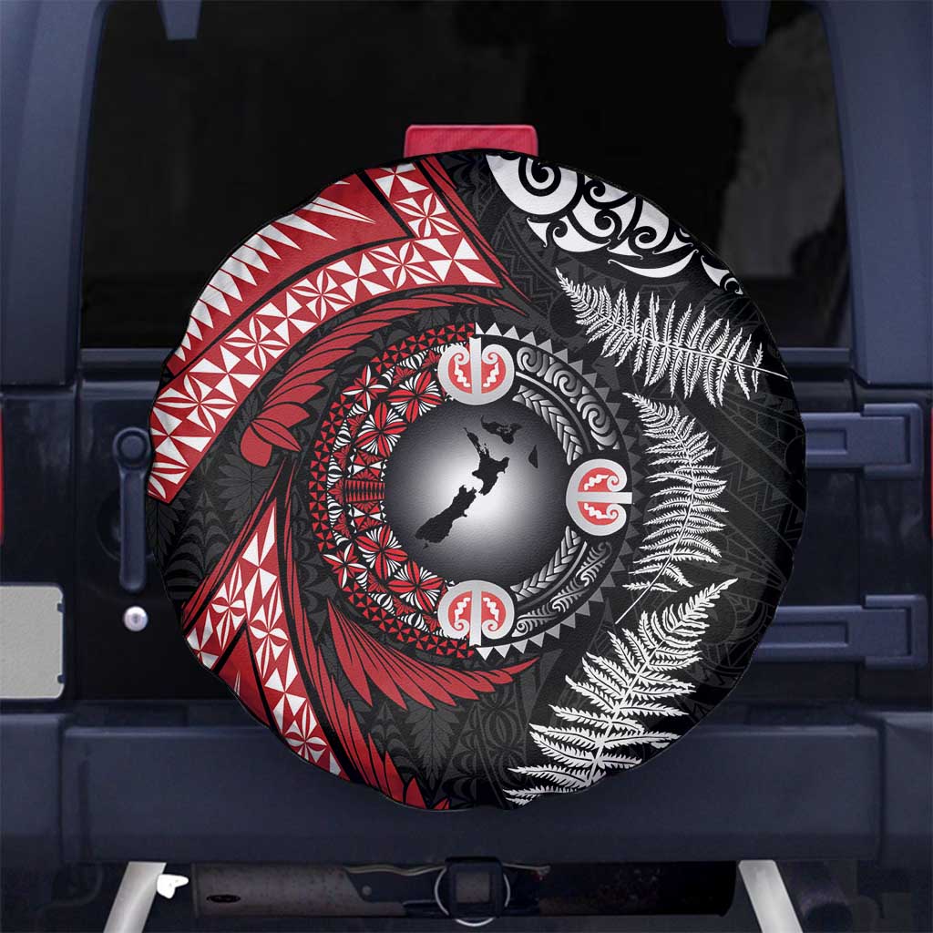 Tonga and New Zealand Together Spare Tire Cover Ngatu Art Tribal Maori Tattoo and Silver Fern