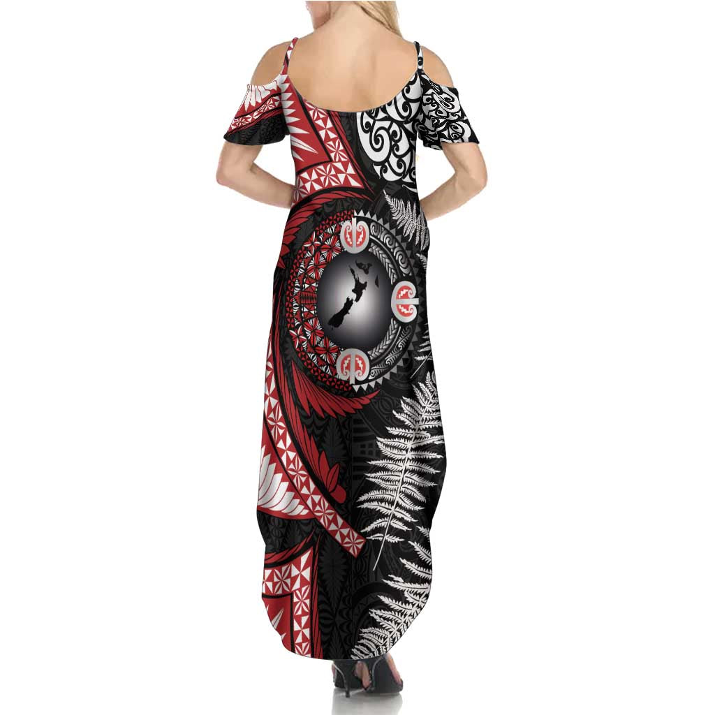 Tonga and New Zealand Together Summer Maxi Dress Ngatu Art Tribal Maori Tattoo and Silver Fern