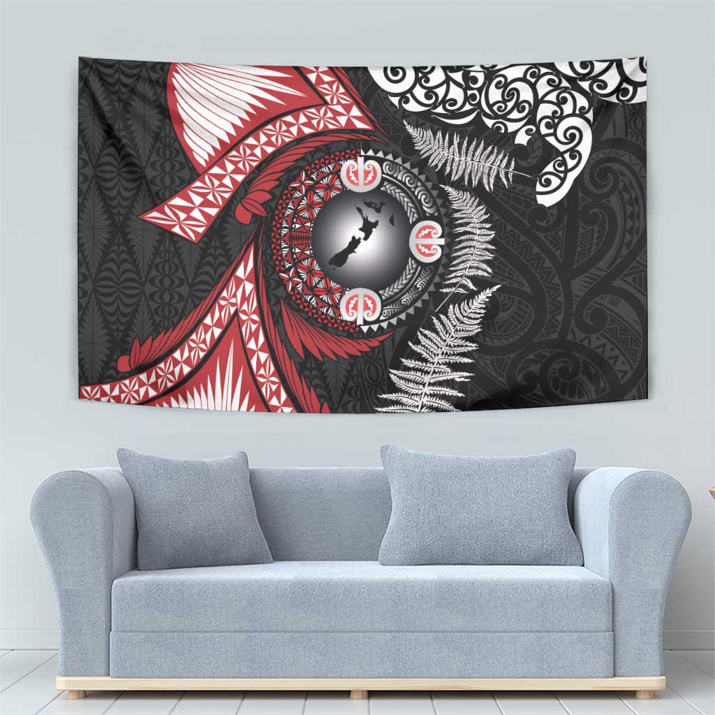 Tonga and New Zealand Together Tapestry Ngatu Art Tribal Maori Tattoo and Silver Fern