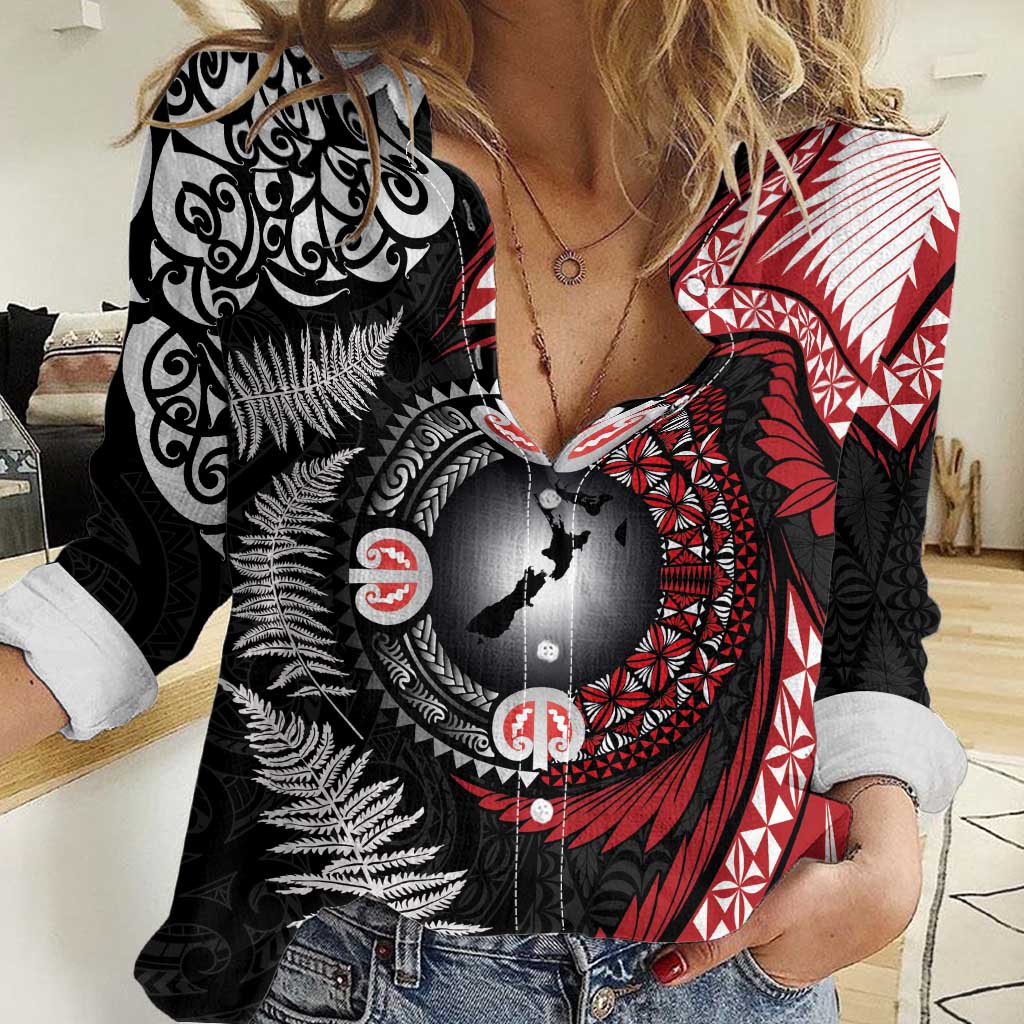 Tonga and New Zealand Together Women Casual Shirt Ngatu Art Tribal Maori Tattoo and Silver Fern