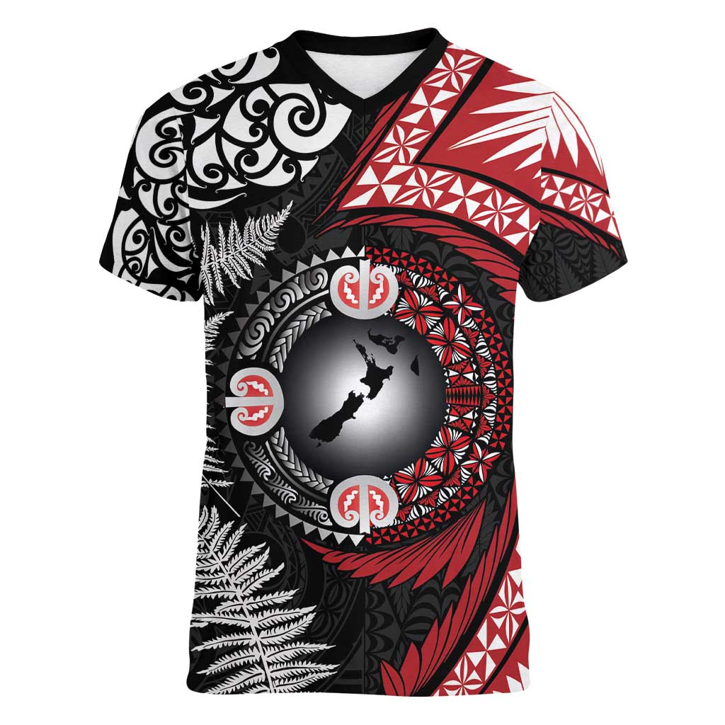 Tonga and New Zealand Together Women V-Neck T-Shirt Ngatu Art Tribal Maori Tattoo and Silver Fern