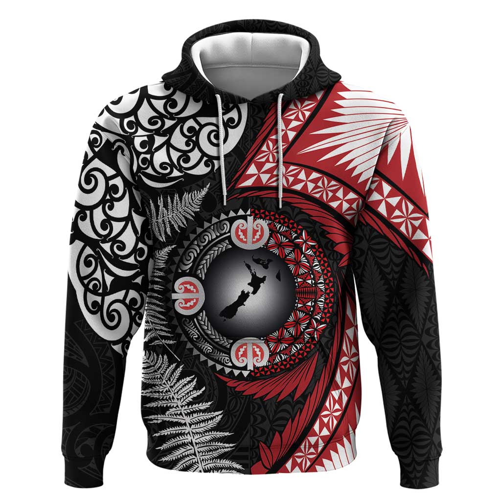 Tonga and New Zealand Together Zip Hoodie Ngatu Art Tribal Maori Tattoo and Silver Fern