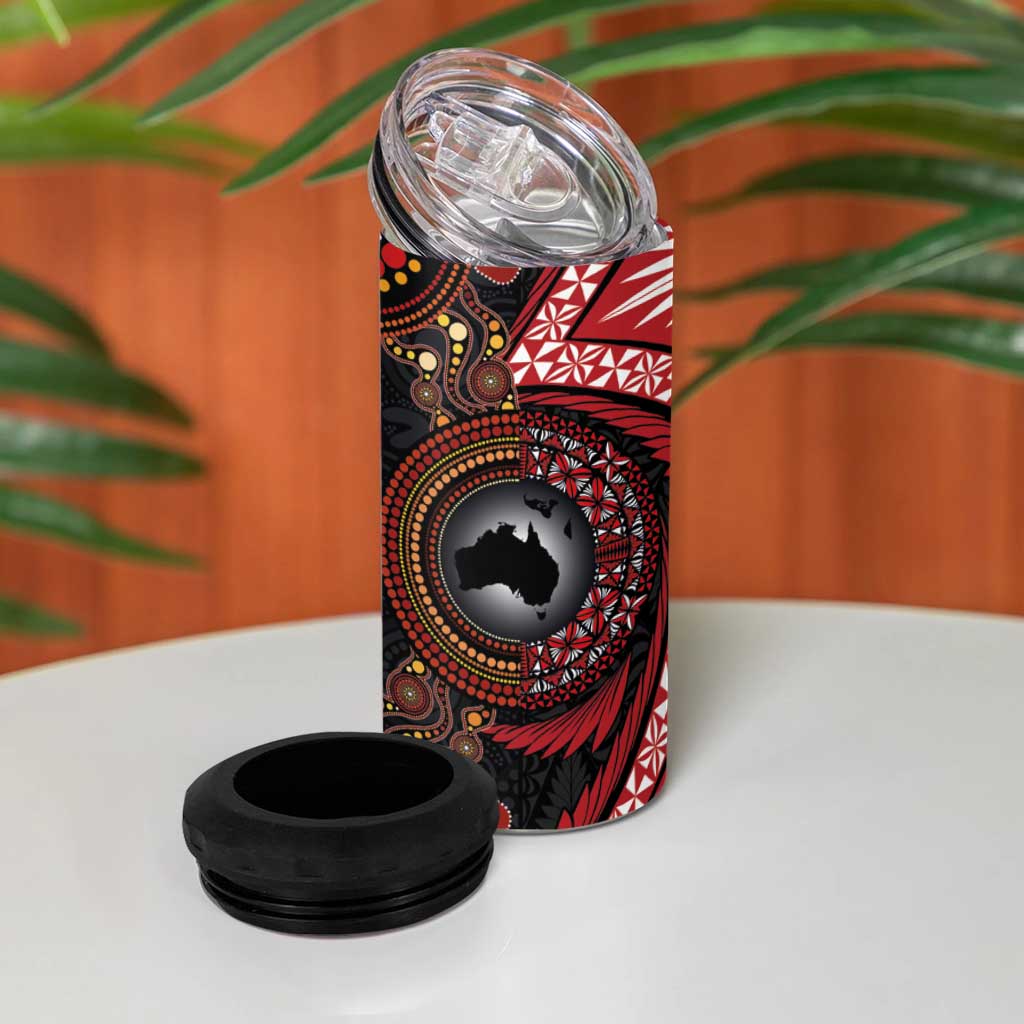 Tonga and Australia Together 4 in 1 Can Cooler Tumbler Ngatu Art Tribal-Aboriginal Tattoo Pattern