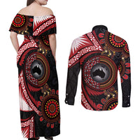 Tonga and Australia Together Couples Matching Off Shoulder Maxi Dress and Long Sleeve Button Shirt Ngatu Art Tribal Aboriginal Tattoo Pattern