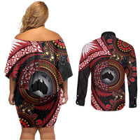 Tonga and Australia Together Couples Matching Off Shoulder Short Dress and Long Sleeve Button Shirt Ngatu Art Tribal Aboriginal Tattoo Pattern
