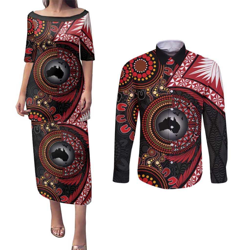 Tonga and Australia Together Couples Matching Puletasi and Long Sleeve Button Shirt Ngatu Art Tribal Aboriginal Tattoo Pattern