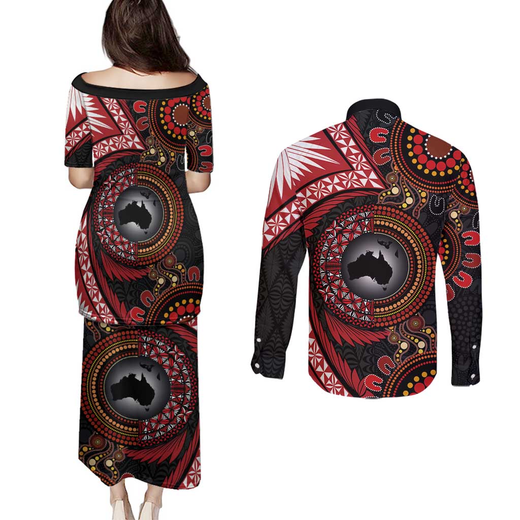 Tonga and Australia Together Couples Matching Puletasi and Long Sleeve Button Shirt Ngatu Art Tribal Aboriginal Tattoo Pattern