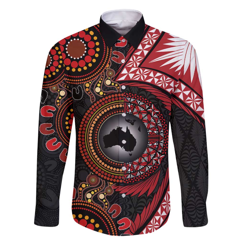 Tonga and Australia Together Family Matching Off Shoulder Maxi Dress and Hawaiian Shirt Ngatu Art Tribal Aboriginal Tattoo Pattern