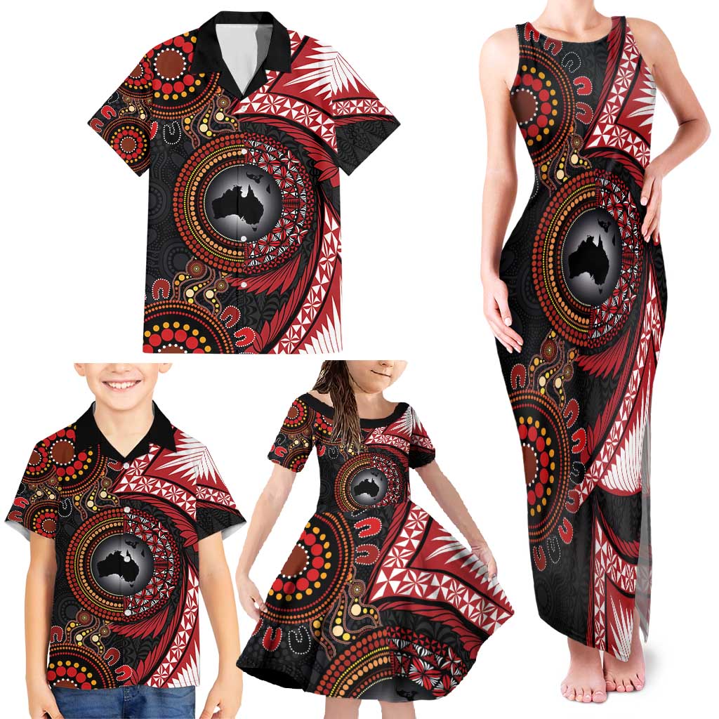 Tonga and Australia Together Family Matching Tank Maxi Dress and Hawaiian Shirt Ngatu Art Tribal Aboriginal Tattoo Pattern