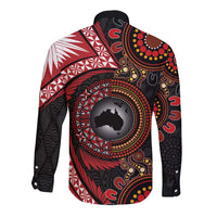 Tonga and Australia Together Long Sleeve Button Shirt Ngatu Art Tribal Aboriginal Tattoo Pattern