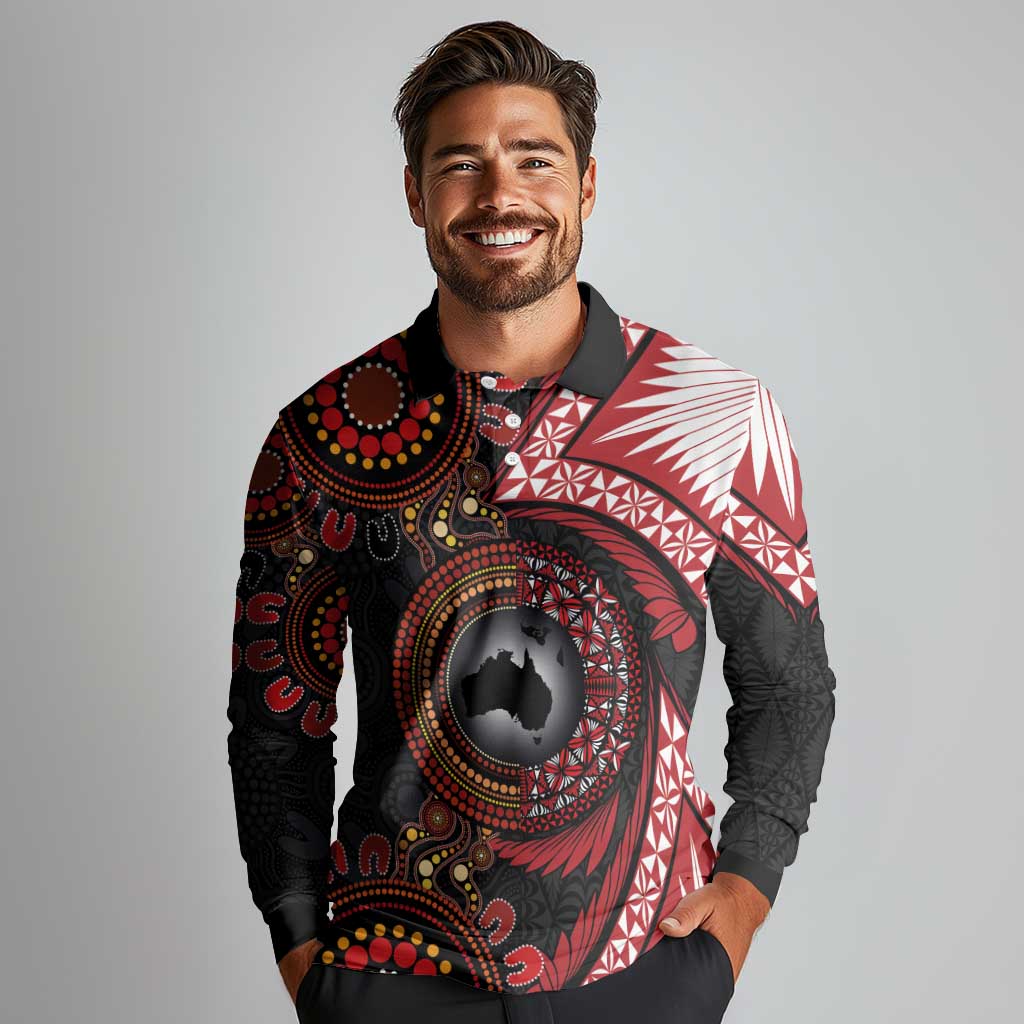 Tonga and Australia Together Long Sleeve Polo Shirt Ngatu Art Tribal Aboriginal Tattoo Pattern