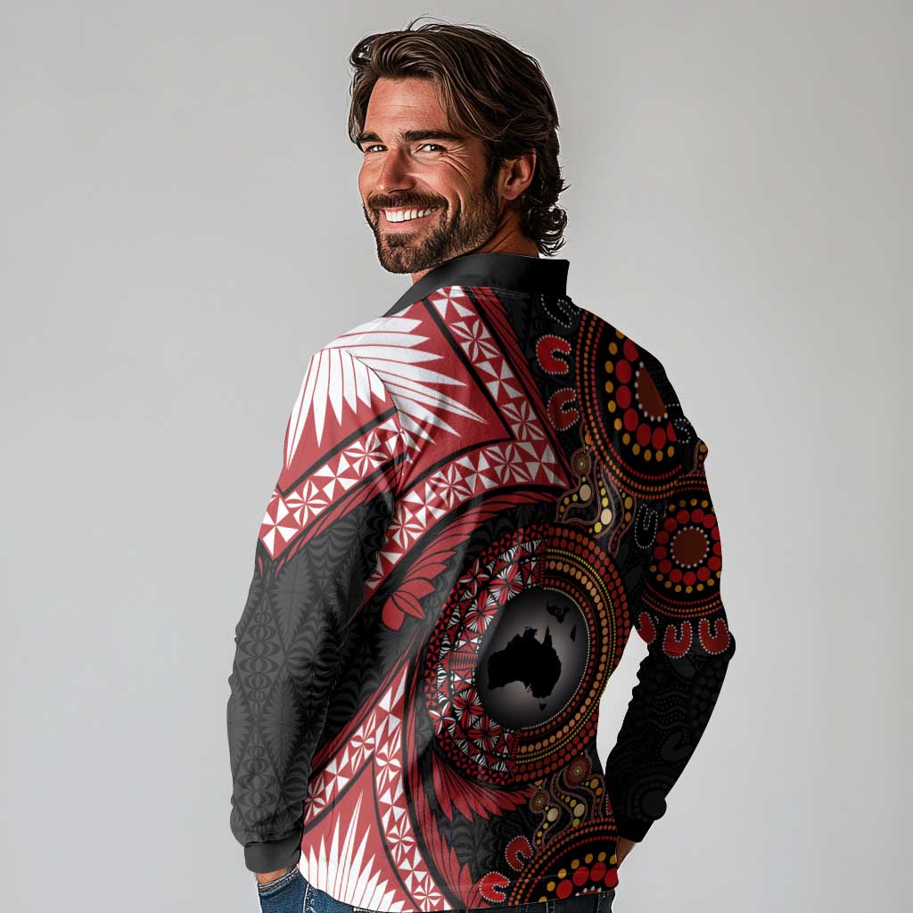 Tonga and Australia Together Long Sleeve Polo Shirt Ngatu Art Tribal Aboriginal Tattoo Pattern