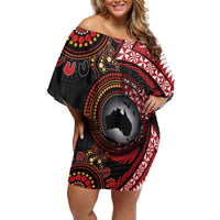 Tonga and Australia Together Off Shoulder Short Dress Ngatu Art Tribal Aboriginal Tattoo Pattern