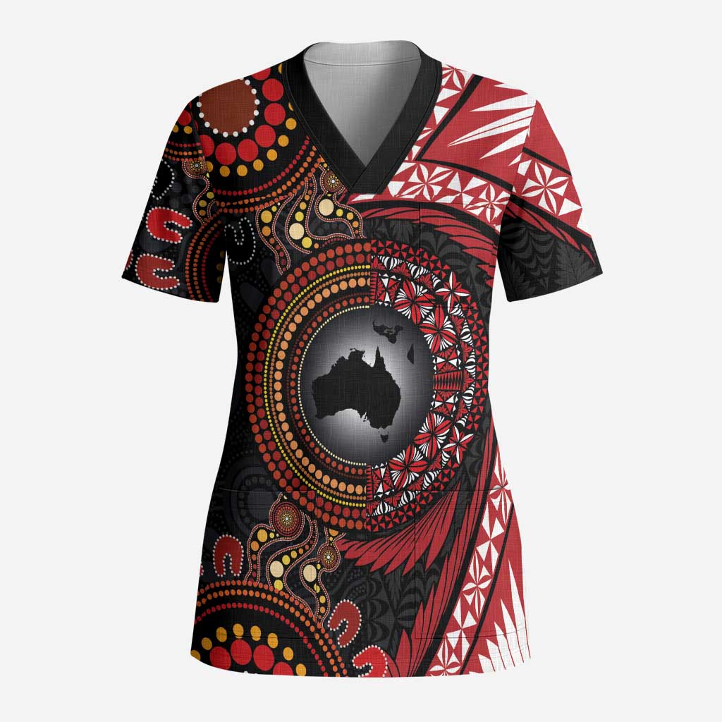 Tonga and Australia Together Scrub Top Ngatu Art Tribal Aboriginal Tattoo Pattern - Polynesian Pride