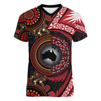 Tonga and Australia Together Women V-Neck T-Shirt Ngatu Art Tribal Aboriginal Tattoo Pattern