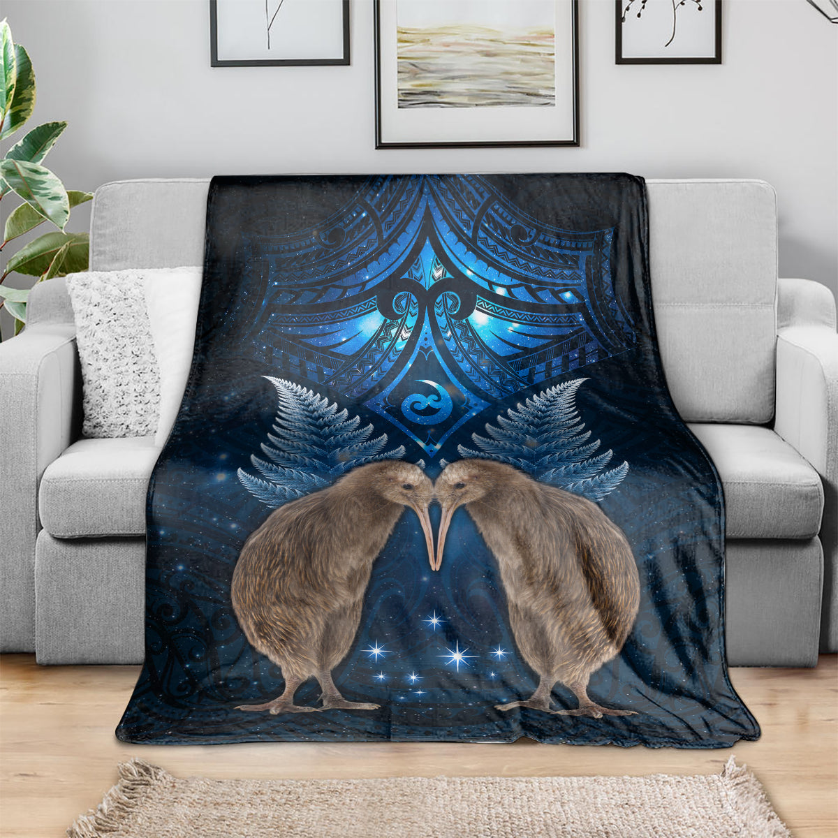 New Zealand Maori Matariki Blanket Hongi Kiwi Bird and Silver Fern LT03