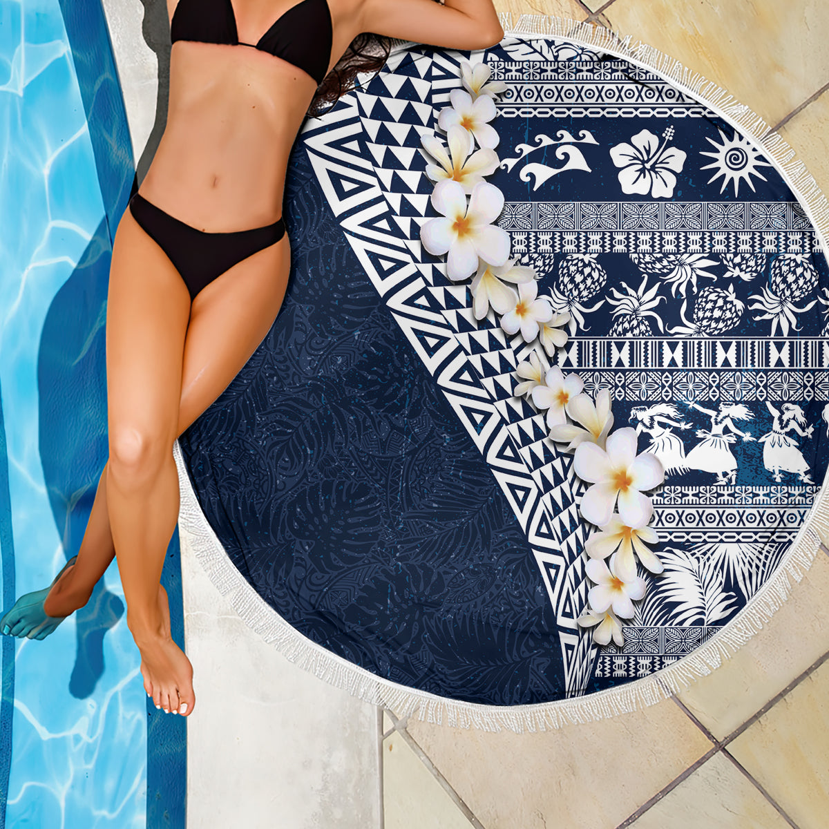 Hawaii Plumeria Tribal Vintage Beach Blanket Special Blue