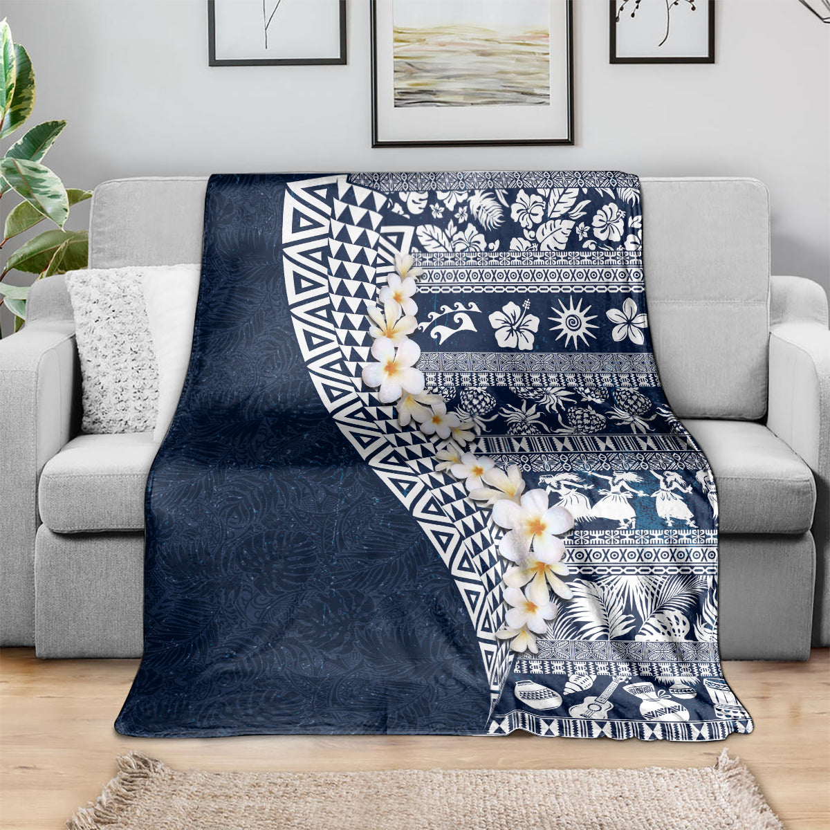 Hawaii Plumeria Tribal Vintage Blanket Special Blue